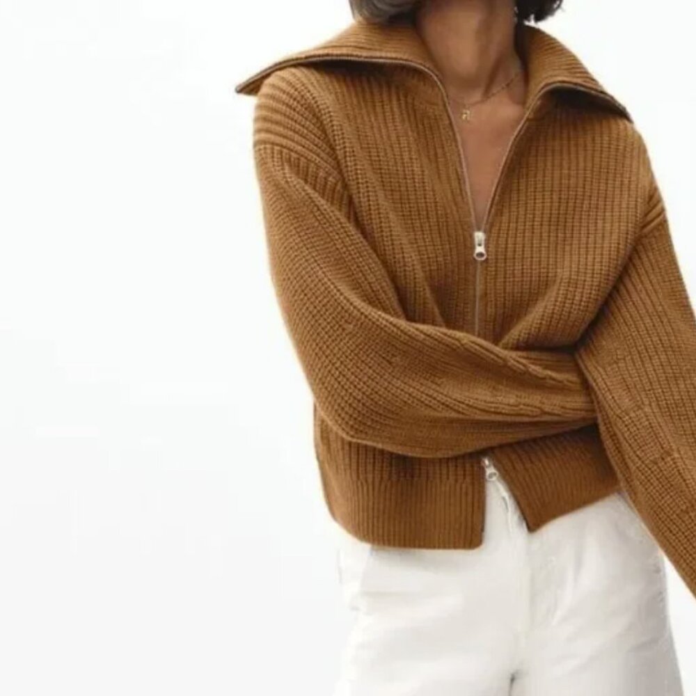Everlane Organic Cotton Chunky Knit Zip Cardigan Toasted Almond Brown Sz Medium